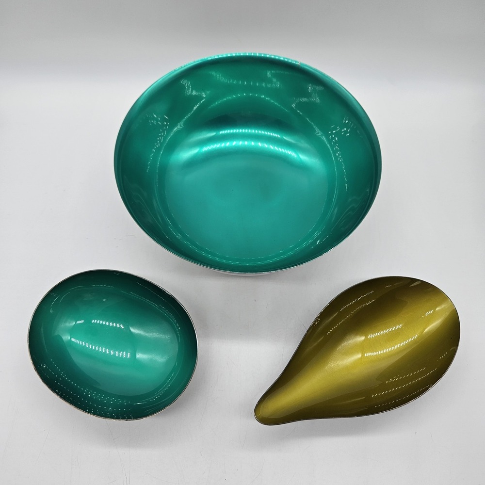 3 VTG Reed & Barton MCM Enamel Silverplate Bowls Footed Emerald Yellow 3 pc set
